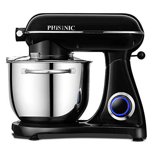 PHISINIC Robot de Cocina - 1800W Amasadora de Pan Batidora de Repostería con Bol de Acero Inoxidable de 6,5 L, Amasador, Batidor, Varillas, 6 Velocidades, Función Pulso, silencioso, Color Negro