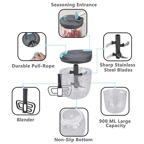 Picadora Manual de Alimentos con Cuerda,Picador de Verduras,Picadora de Carne Manual,Comida Cortador Mano Cebolla Ajo Zanahoria,Multiusos Cocina Útiles,Batidora,Food Chopper Onion,Garlic Cutter (Gris)