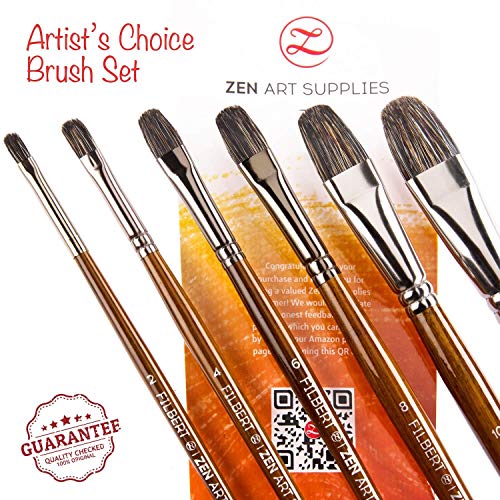 Pinceles Artist's Choice Profesionales para Artistas ZenArt (6 Piezas) para Pintura de Óleo, Aguada y Acrílica - Pincel Lengua de Gato, Pelo de Tejón y Mezcla Sintética con Mango Largo