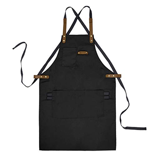 Pinji Delantal de Lona para Cocina, Delantal Ajustable con Bolsillos para Mujeres Hombres Diseño de la Cruz Trasera para Hornear, Restaurante, Jardinería, Barbacoa Negro