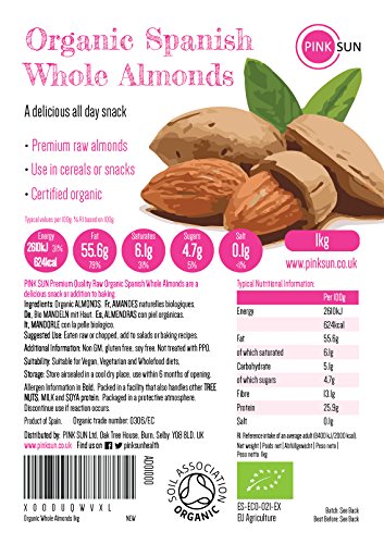 PINK SUN Almendras Enteras Orgánicas Crudas 1kg Bio Con Piel Español No tostado Sin Sal Natural Pieles 1000g a Granel Frutos Secos Sin Cáscara - Raw Organic Whole Almonds Spanish Nuts Bulk