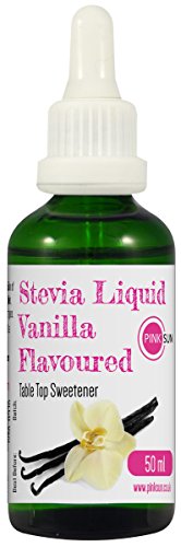 PINK SUN Estevia Liquida Gotas 50ml Sabor de Vainilla (o Caramelo, Fresa, Coco, Puro Sin Sabor) Edulcorante Reemplazo de Azúcar en Botella de Vidrio Sin Alcohol Sin Gluten Vanilla Stevia Liquid Drops