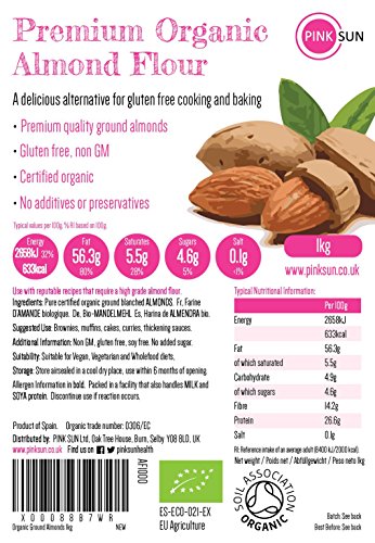 PINK SUN Harina de Almendras Orgánica 1Kg Almendras de Tierra Blanqueadas Bio Ecologicas 1000g a Granel Sin Gluten Horneando - Organic Ground Blanched Almonds Bulk