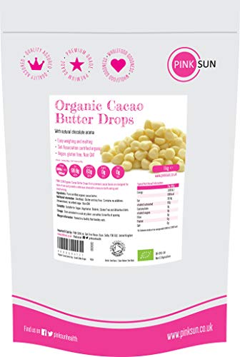 PINK SUN Manteca de Cacao Organica 1kg Bio (o 500g) Pura Sin Refinar Alimentaria Gotas Comestible Sin Gluten Sin Azúcar Añadido Sin Lácteos Vegetariano Vegano Organic Cacao Butter Perú 1000g Bulk