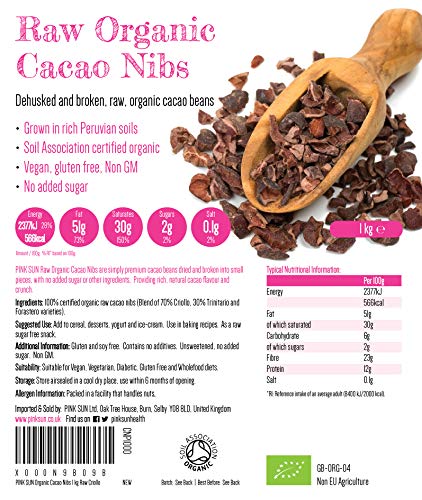 PINK SUN Nibs de Cacao Orgánico 1kg Crudo Criollo Puntas Sin Gluten Vegetariano Vegano Bio Puro Raw Organic Cocoa Nibs 1000g Perú Bulk Buy