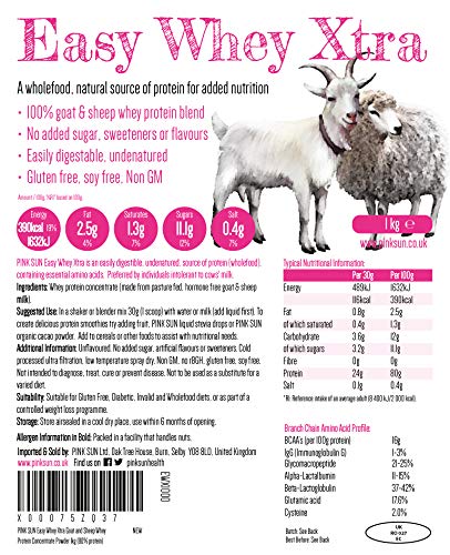 PINK SUN Proteína de Suero de Cabra y Oveja 1kg sin Hormonas Neutro sin Sabor sin Gluten sin Soja Easy Whey Xtra Goat and Sheep Whey Protein Concentrate Powder Unflavoured 1000g