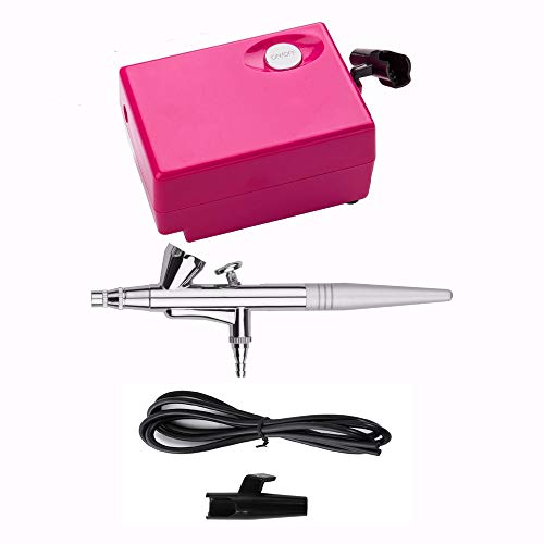 Pinkiou Aerógrafo de maquillaje con compresor para pintura de modelos, tatuajes temporales, decoración de pasteles y maquillaje facial (rojo)