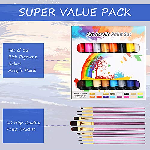 Pinturas Acrílicas, 26 Conjunto de Prima Caja de Pintura Acrílica Incluso 16 x 75 ml de Pigmento Acrílico +10 Pincel- Colores Vibrantes Pintura Acrilica para Papel, Roca, Madera, Cerámica