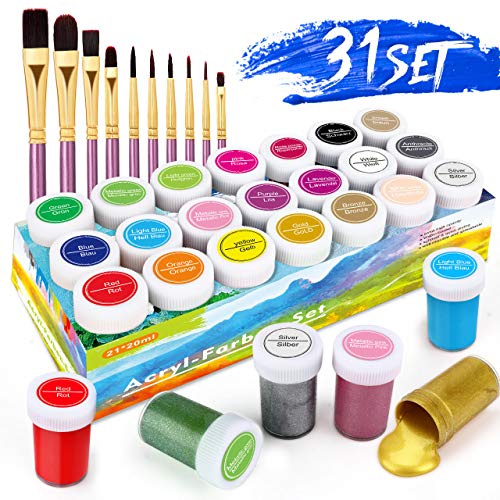 Pinturas Acrílicas, 31 Conjunto de Prima Caja de Pintura Acrílica Incluso 21 x 20 ml de Pigmento Acrílico +10 Pincel- Colores Vibrantes Pintura Acrilica para Papel, Roca, Madera, Cerámica