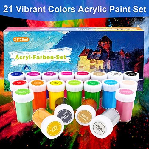 Pinturas Acrílicas, 31 Conjunto de Prima Caja de Pintura Acrílica Incluso 21 x 20 ml de Pigmento Acrílico +10 Pincel- Colores Vibrantes Pintura Acrilica para Papel, Roca, Madera, Cerámica