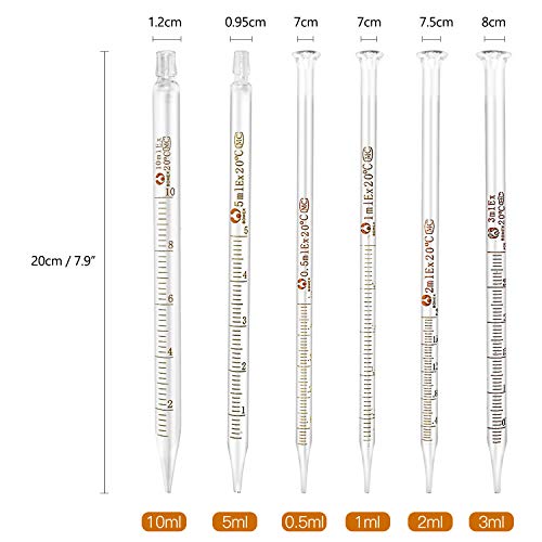 Pipetas de gotero graduadas de vidrio grueso con tapas Juego de 6 con 2 cepillos de limpieza (0,5 ml 1 ml 2 ml 3 ml 5 ml 10 ml)