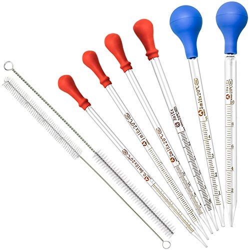 Pipetas de gotero graduadas de vidrio grueso con tapas Juego de 6 con 2 cepillos de limpieza (0,5 ml 1 ml 2 ml 3 ml 5 ml 10 ml)