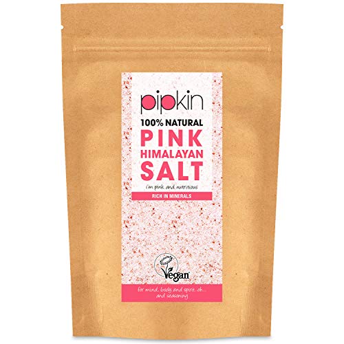 Pipkin 1kg Sal Rosa del Himalaya Natural, Tamaño 0.3-1mm, Alimento Gourmet Premium de Primera Calidad, Cristales de Sal Puros y Sin Refinar, Extraída a Mano