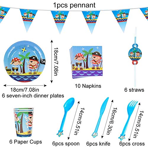 Pirata para Fiestas Set de Fiesta Kids Birthday Pirate Vajilla Desechable Pancarta, Platos, Servilletas, Cucharas, Tenedores y Cuchilos Capacidad para 6 Personas