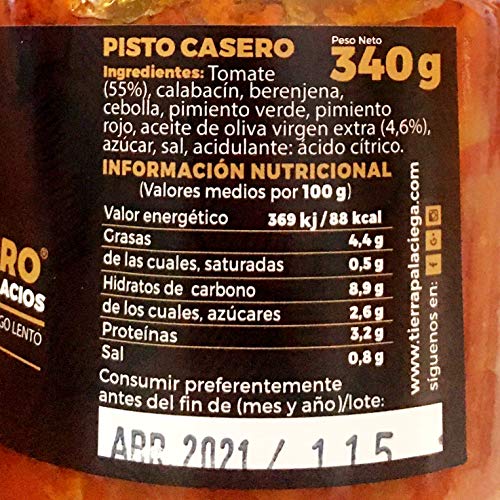 Pisto Casero TIERRA PALACIEGA Tarro 340 g con Tomate de Los Palacios y Aceite de Oliva Virgen Extra Producto Vegano Sin Gluten y Sin Lactosa