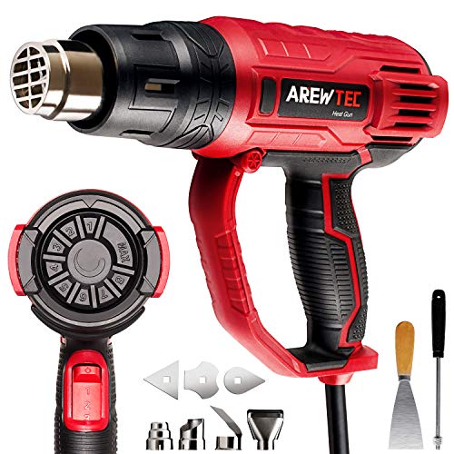 Pistola de Aire Caliente, AREWTEC 2000W Decapadora Professional, Temperatura Ajustable 60~600℃, Velocidad del Viento (300-500L/min), 9 Acesorios para Raspar la Pintura, Deformar Tubos y Encoger PVC