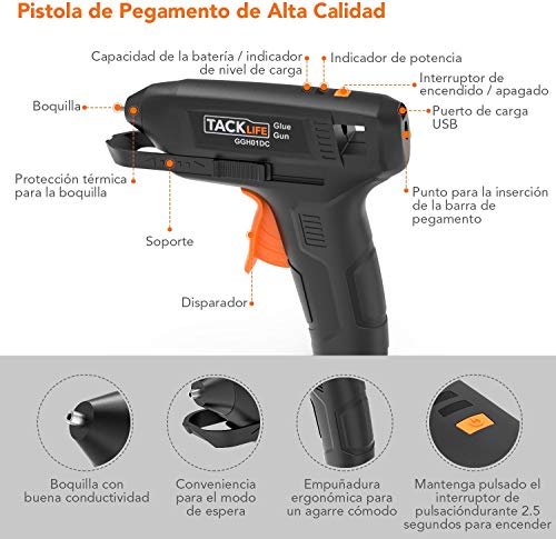 Pistola de Pegamento, 3.6V, 50 Barras de Pegamento (7 * 150mm), GGH01DC Pistola de Silicona con USB Cable de 95cm, Batería de Litio de 2000MAH, Indicador de Temperatura y Batería, Auto-apagado