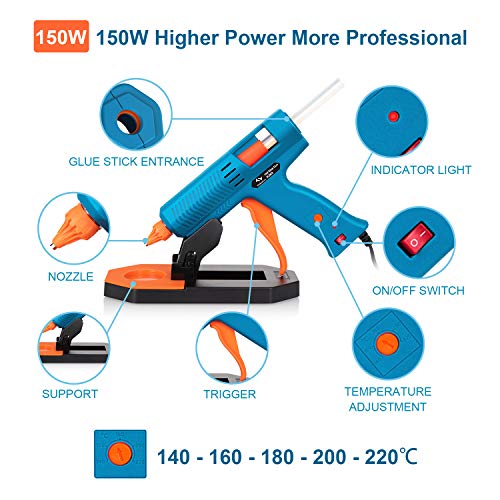 Pistola de Silicona 150W Tilswall,Pistola de Pegamento con 35pcs Barras (11mm), 5 Temperaturas Ajustables,la Base,Pistola Manualidades para Bricolaje Arte,Reparaciones,Oficina y Escuela