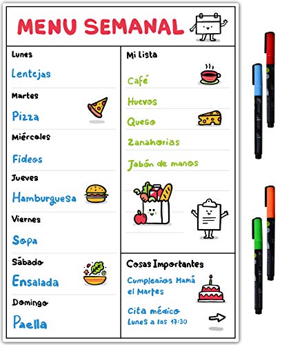 Pizarra Magnética para Nevera, Planificador de Menú y Tareas Semanal con 4 Marcadores Especiales de Tiza Líquida Borrables en Superficies no Porosas, Magnetotal