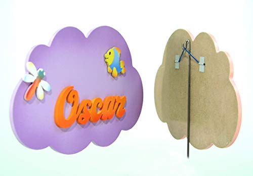 Placa Cartel decorativo infantil de madera forma de"nube" personalizada con el nombre letras de goma eva, regalo original decoración de pared o puerta.