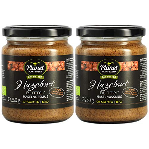 Planet Plant-Based Mantequilla de avellanas, 2 frascos (2x250g) - orgánica, vegana, sin gluten. 2 frascos (2x250g), sin aditivos, sin azúcar. Crema natural de avellanas