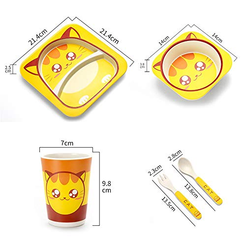 Plato de cena Paquete de caja de regalo Cat Printing 5pcs Juego de comedor for niños pequeños con plato, tazón, taza, plato dividido, cuchara y tenedor amarillo para uso doméstico y de hostelería