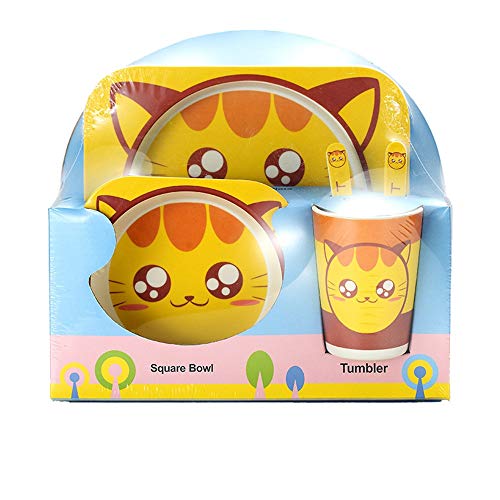 Plato de cena Paquete de caja de regalo Cat Printing 5pcs Juego de comedor for niños pequeños con plato, tazón, taza, plato dividido, cuchara y tenedor amarillo para uso doméstico y de hostelería