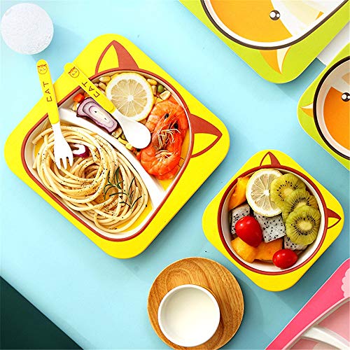 Plato de cena Paquete de caja de regalo Cat Printing 5pcs Juego de comedor for niños pequeños con plato, tazón, taza, plato dividido, cuchara y tenedor amarillo para uso doméstico y de hostelería