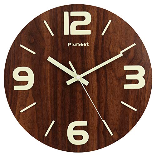 Plumeet Reloj de Pared de 30cm de Madera Luminoso Silencioso con Luz Fluorescente Reloj Decorativo Grande para Cocina, Oficina y Dormitorio (Números 3D)