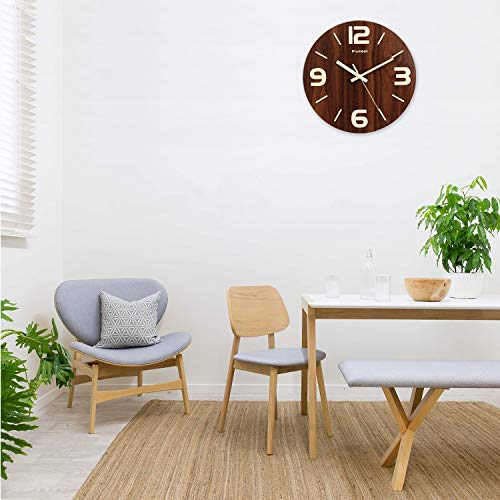 Plumeet Reloj de Pared de 30cm de Madera Luminoso Silencioso con Luz Fluorescente Reloj Decorativo Grande para Cocina, Oficina y Dormitorio (Números 3D)