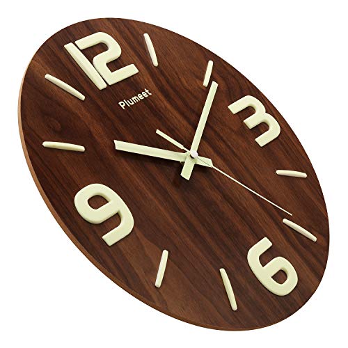 Plumeet Reloj de Pared de 30cm de Madera Luminoso Silencioso con Luz Fluorescente Reloj Decorativo Grande para Cocina, Oficina y Dormitorio (Números 3D)