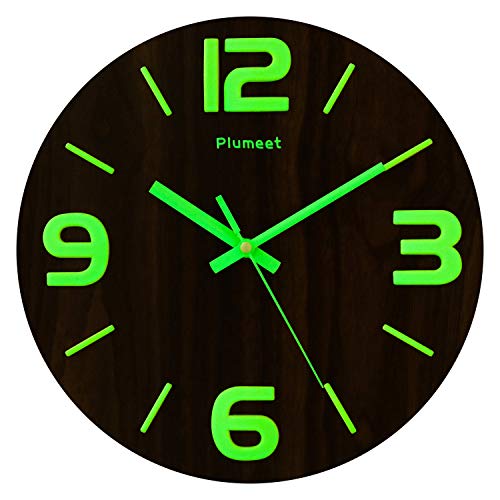 Plumeet Reloj de Pared de 30cm de Madera Luminoso Silencioso con Luz Fluorescente Reloj Decorativo Grande para Cocina, Oficina y Dormitorio (Números 3D)