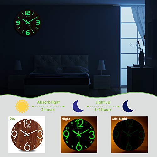 Plumeet Reloj de Pared de 30cm de Madera Luminoso Silencioso con Luz Fluorescente Reloj Decorativo Grande para Cocina, Oficina y Dormitorio (Números 3D)