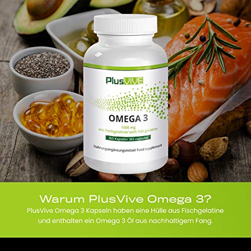 Plusvive - 365 cápsulas de omega 3 con recubrimiento de gelatina de pescado (1000 mg)