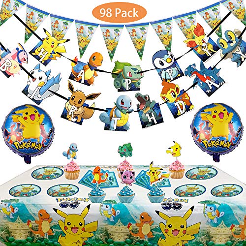 Pokemon Kids Birthday Party Decoration 98 Piezas Cartoon Anime Theme Artículos para Fiesta de Cumpleaños Platos, Tazas, Servilletas, Manteles con Paquete de Globos Gratis