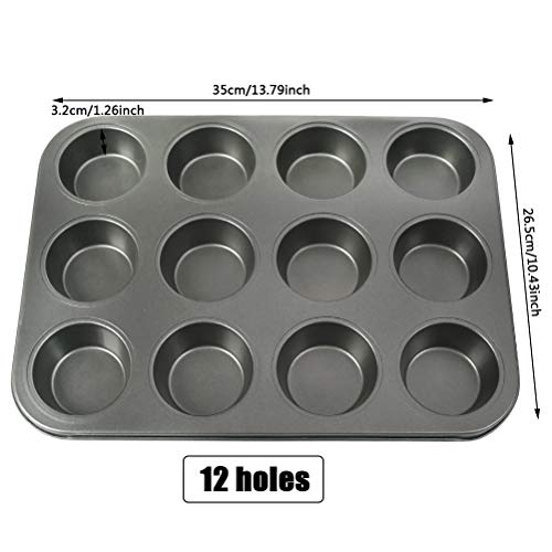 POKIENE Juego de Moldes para Muffins de 2 Piezas, Moldes para Muffins de Acero al Carbono Antiadherente 12, Moldes para Magdalenas para Hacer Brownies, Pasteles, Pudines - Negro