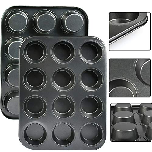 POKIENE Juego de Moldes para Muffins de 2 Piezas, Moldes para Muffins de Acero al Carbono Antiadherente 12, Moldes para Magdalenas para Hacer Brownies, Pasteles, Pudines - Negro