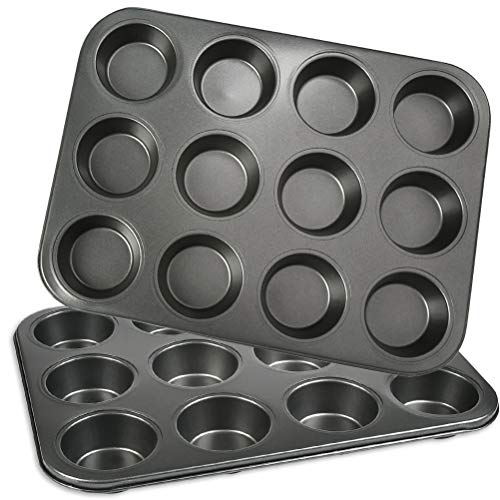 POKIENE Juego de Moldes para Muffins de 2 Piezas, Moldes para Muffins de Acero al Carbono Antiadherente 12, Moldes para Magdalenas para Hacer Brownies, Pasteles, Pudines - Negro