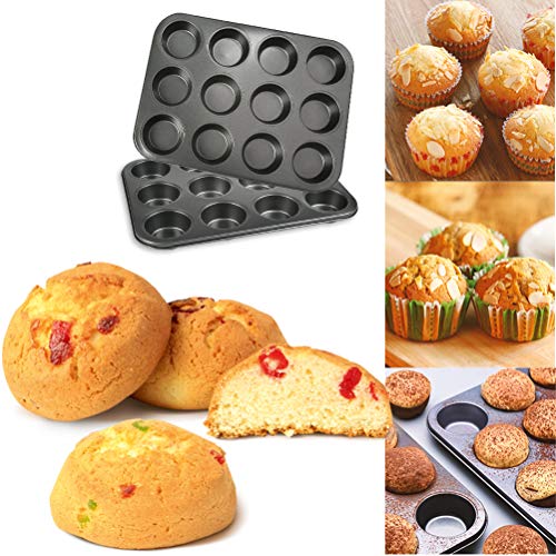 POKIENE Juego de Moldes para Muffins de 2 Piezas, Moldes para Muffins de Acero al Carbono Antiadherente 12, Moldes para Magdalenas para Hacer Brownies, Pasteles, Pudines - Negro