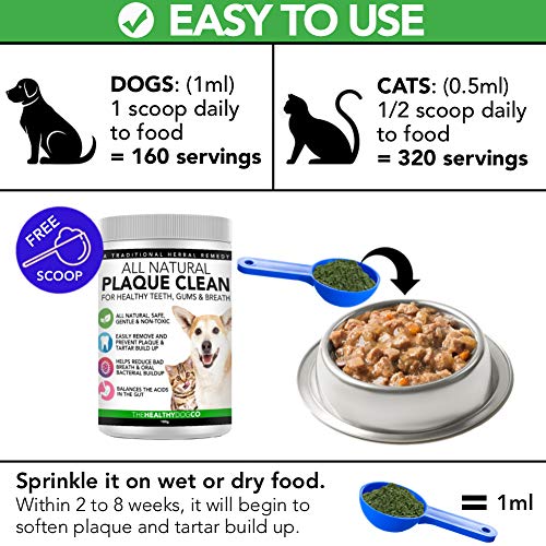 Polvo Para Eliminación de Sarro y Placa Para Perros, Cachorros y Gatos | 100% Natural para Animales | Plaque Clean | 100g | Limpia y Cuida Dientes Blancos y Encías | Ayuda Contra el Mal Aliento