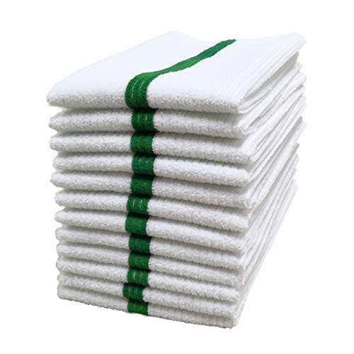 Polyte - Trapo Multiusos de Microfibra - Ideal para el hogar, cocinas y restaurantes - Tela de Toalla Acanalada - Blanco con Raya Verde - 36 x 43 cm - Pack de 12