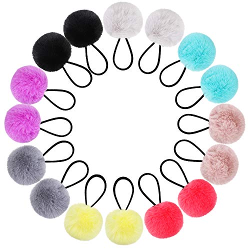 Pom Corbatas de Cabello Banda de Pelo Elástico con Pompones Bolas de Cola de Caballo Esponjosas de Piel para Accesorios de Pelo de Mujer Niña Niños(Kit de Color 2, 16 Piezas)