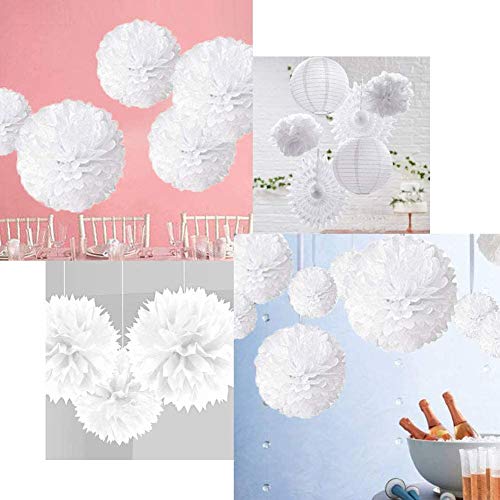 Pompon de Papel de Seda, Blanco Bolas de Papel en Forma de Flor para Fiestas de Cumpleanos, Bodas, Baby Shower, Shower de Novia o Decoracion de Festivales