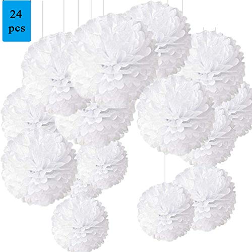 Pompon de Papel de Seda, Blanco Bolas de Papel en Forma de Flor para Fiestas de Cumpleanos, Bodas, Baby Shower, Shower de Novia o Decoracion de Festivales