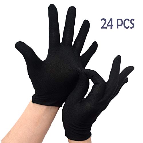 PONOJOKI 12 Pares Negro Algodon Guantes de Trabajo Jardineria Menaje del Hogar Servicio Cosmética Hidratante Moneda Joyería Inspección Manejo Película Jardín Gloves,24 Pcs,M-19CM/7.48"