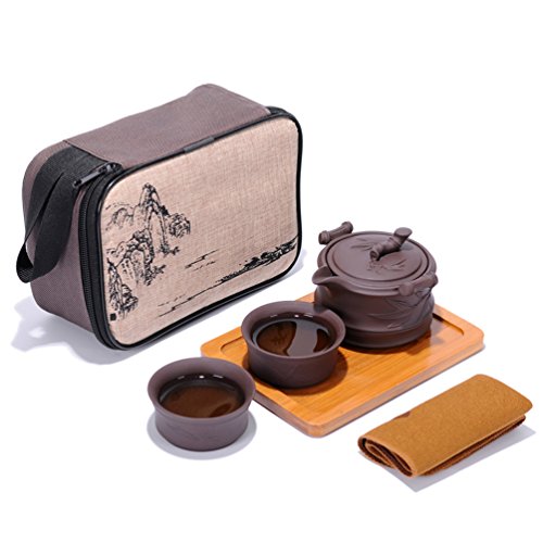 Portátil de viaje KungFu Juego de té Handgemachte China/japonesa Vintage, porcelana de tetera y 4 cuencos de & Bamboo – Bandeja de té & bolsa