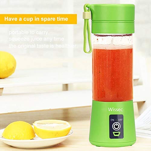 Portátil Licuadora Personal,Vaso Exprimidor,Mezclador de Frutas Eléctrico/Batidora de Zumo USB, Recargable, Seis Cuchillas en 3D Para una Excelente Mezcla, 380ml Verde