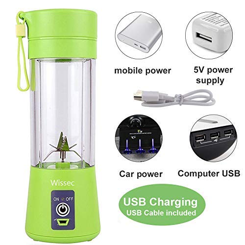 Portátil Licuadora Personal,Vaso Exprimidor,Mezclador de Frutas Eléctrico/Batidora de Zumo USB, Recargable, Seis Cuchillas en 3D Para una Excelente Mezcla, 380ml Verde