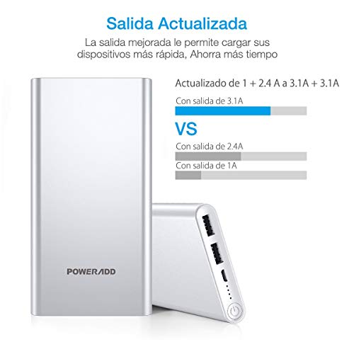 POWERADD Versión Mejorada Pilot 2GS Power Bank 10000mAh (Doble Puerto de Salida, 3.1A+3.1A) Cargador Portátil Batería Externa para iPhone, iPad, Huawei, Samsung y Más - Argentado