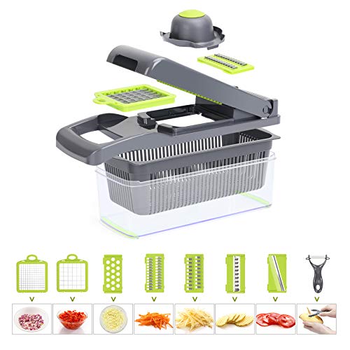 POWERAXIS Mandolina de Cocina,Cortador de Verduras Mandolina Multifuncional 12 en 1 Cortador de Cebollas Rallador Verduras Slicer para Cebolla Frutas Cocina Tomate Ondulado